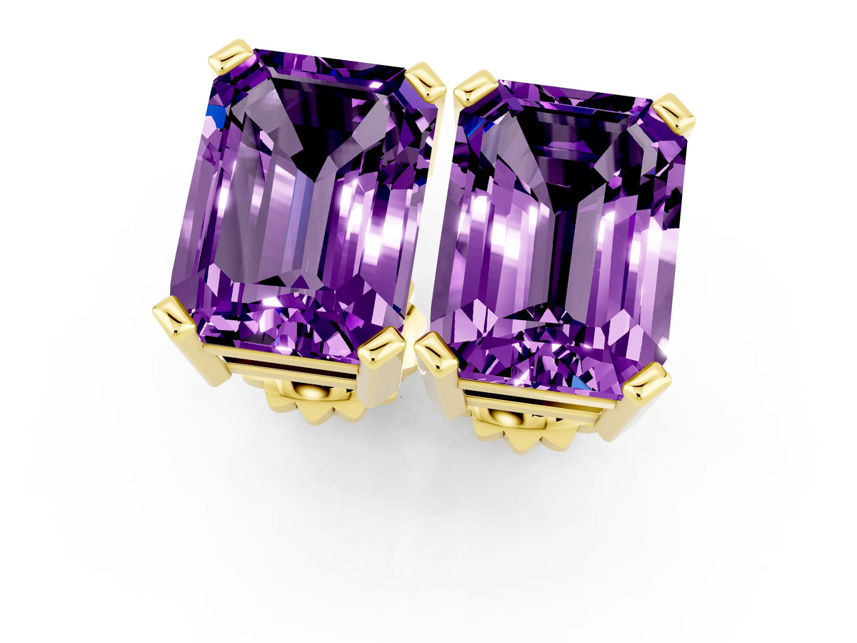 Emerald Cut Amethyst Stud Earrings in Yellow gold with Basket Setting_1
