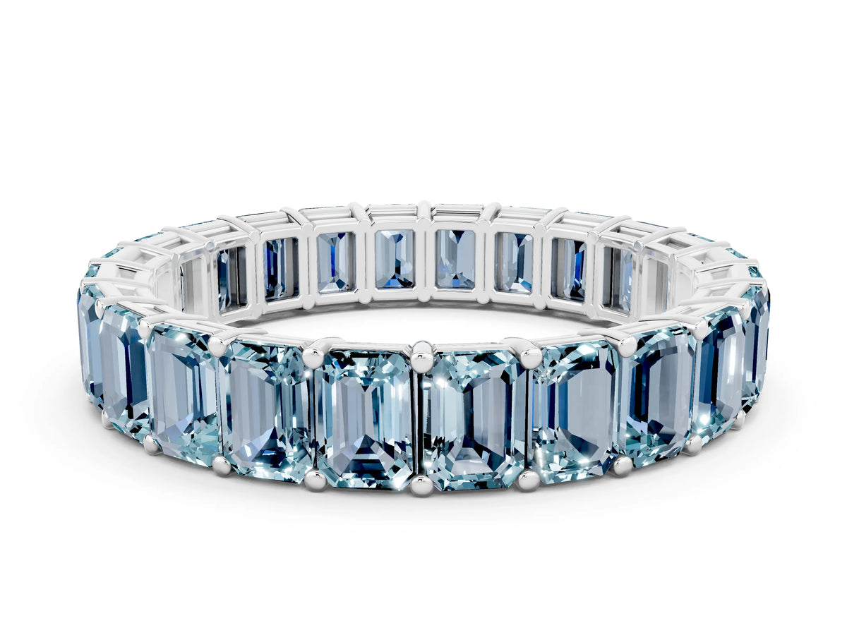 Emerald Cut Aquamarine Eternity Band in Platinum with Aligned Shared Prong Setting