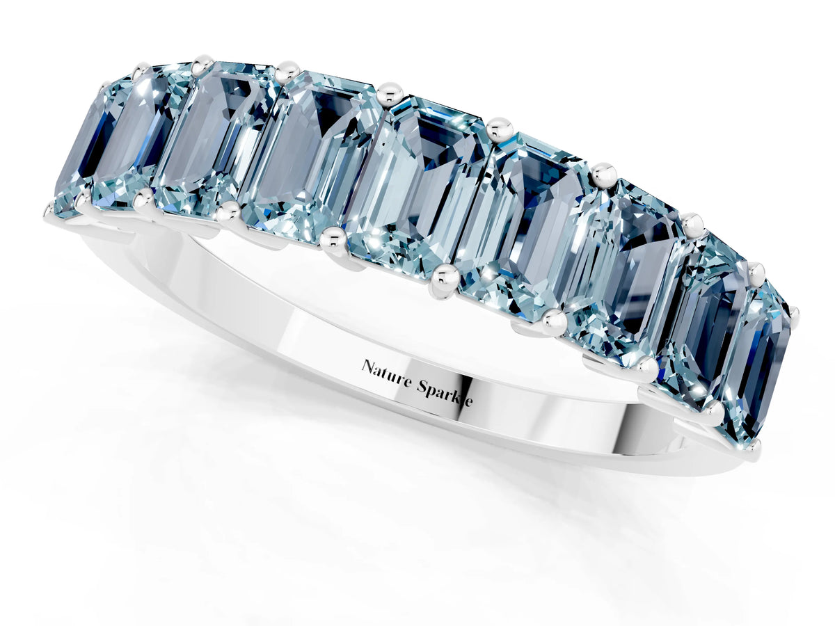 Emerald Cut Aquamarine Eternity Band in Platinum with Prong Setting_1