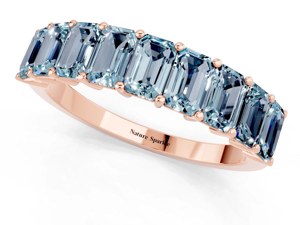 Emerald Cut Aquamarine Eternity Band in Rose gold with Prong Setting_1