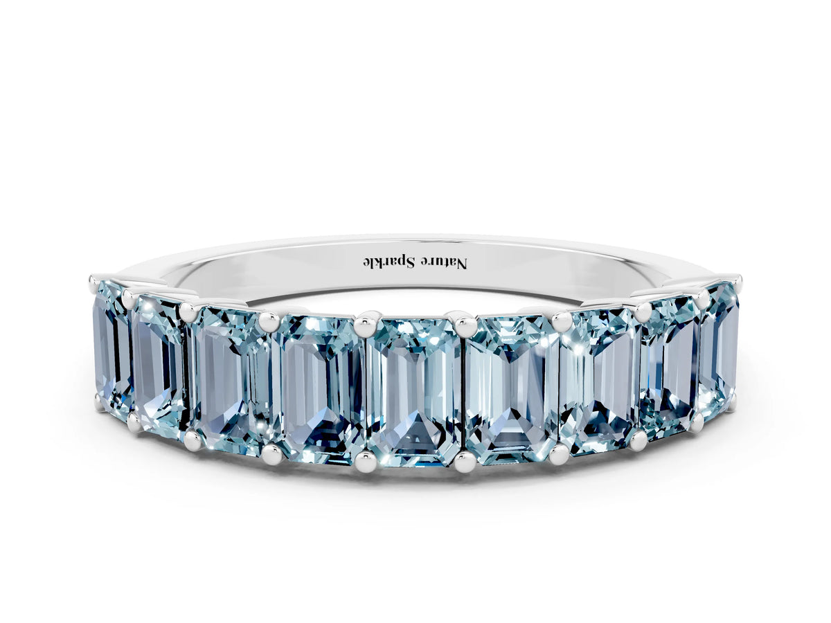 Emerald Cut Aquamarine Eternity Band in White gold with Prong Setting