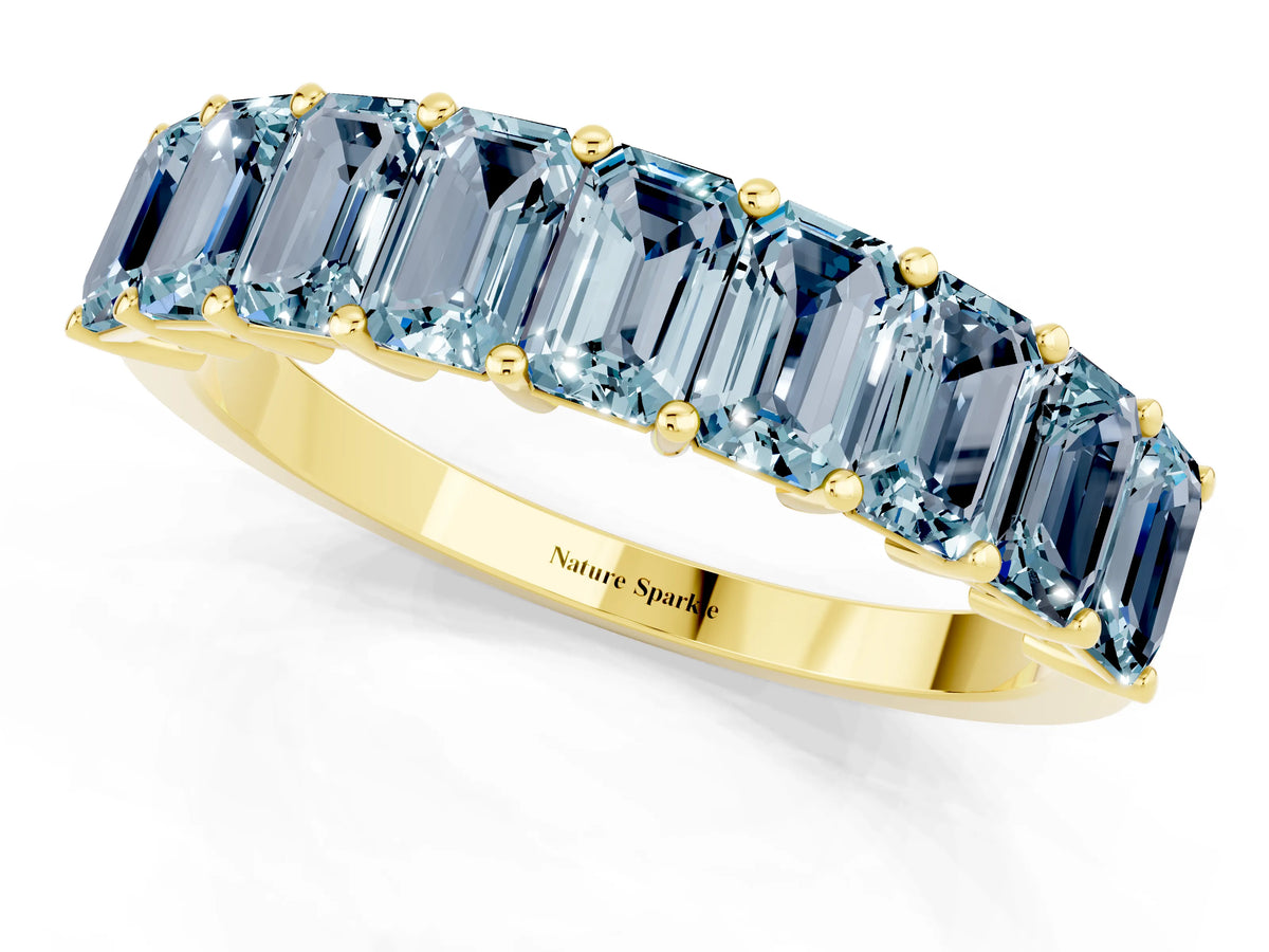 Emerald Cut Aquamarine Eternity Band in Yellow gold with Prong Setting_1