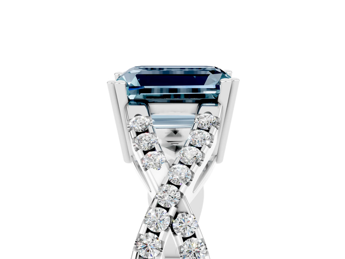 Emerald Cut Aquamarine Solitaire Ring in Silver with Interwoven Pavé Band and Prong Setting_11