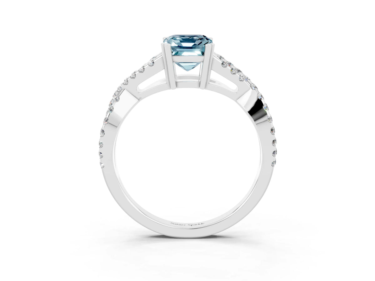 Emerald Cut Aquamarine Solitaire Ring in Silver with Interwoven Pavé Band and Prong Setting_9