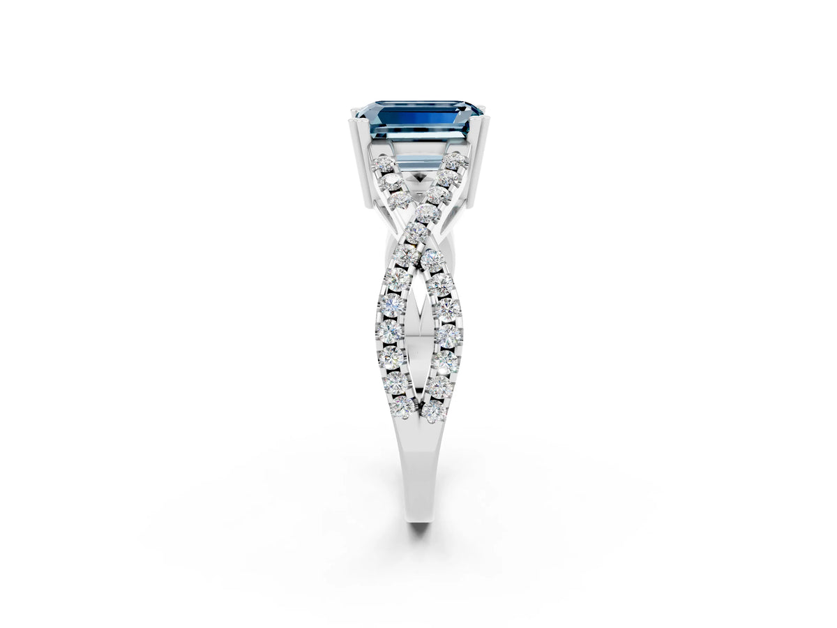 Emerald Cut Aquamarine Solitaire Ring in White gold with Interwoven Pavé Band and Prong Setting_2