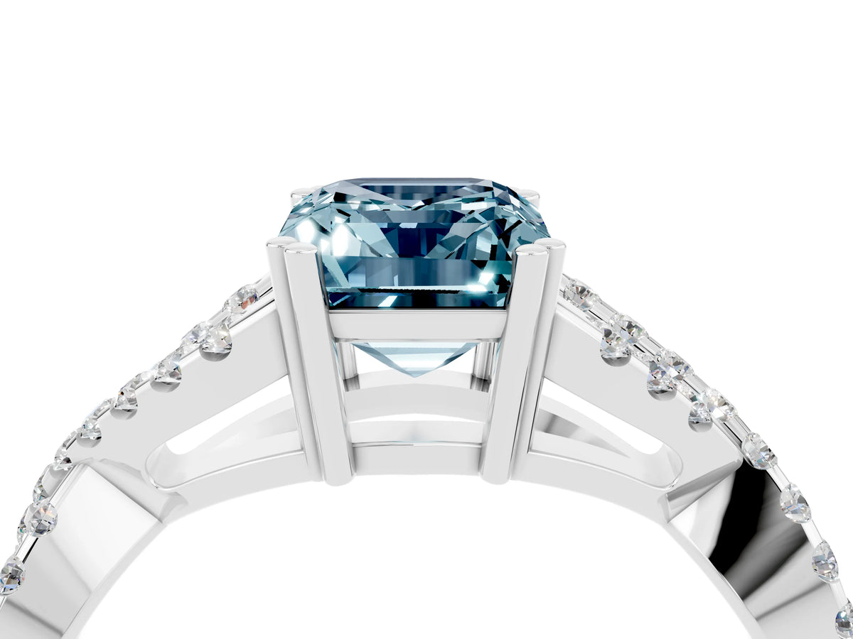 Emerald Cut Aquamarine Solitaire Ring in White gold with Interwoven Pavé Band and Prong Setting_4