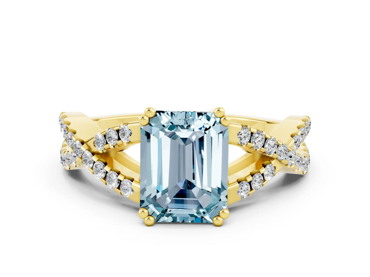 Emerald Cut Aquamarine Solitaire Ring in Yellow gold with Interwoven Pavé Band and Prong Setting