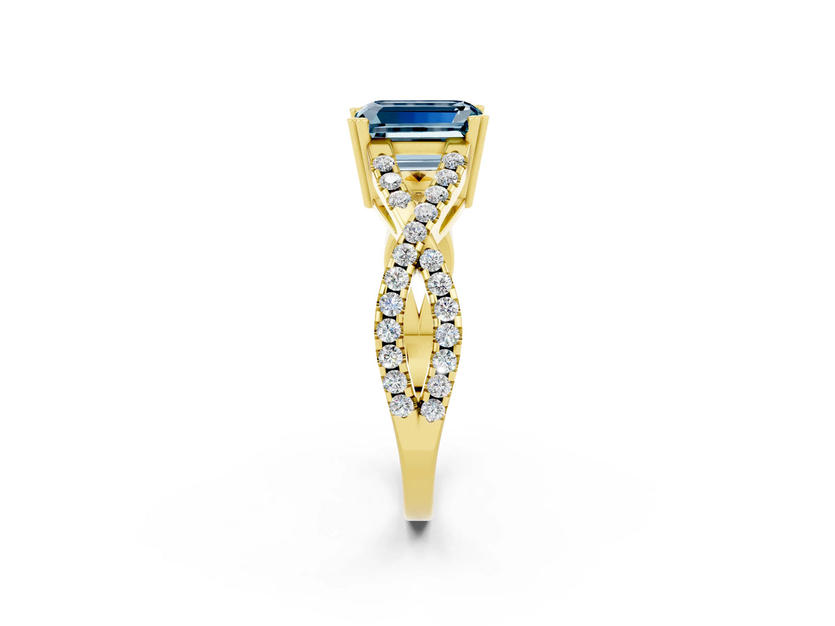 Emerald Cut Aquamarine Solitaire Ring in Yellow gold with Interwoven Pavé Band and Prong Setting_2