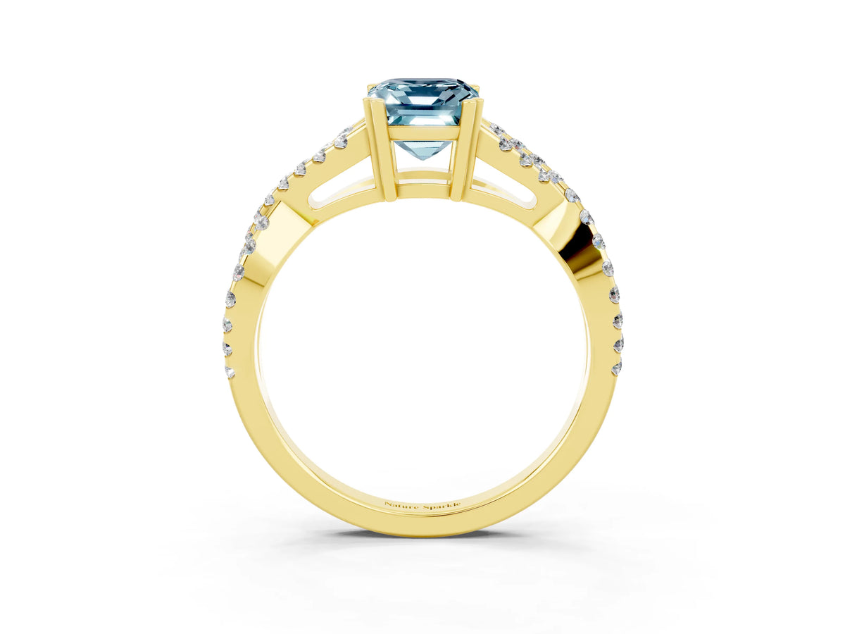 Emerald Cut Aquamarine Solitaire Ring in Yellow gold with Interwoven Pavé Band and Prong Setting_3
