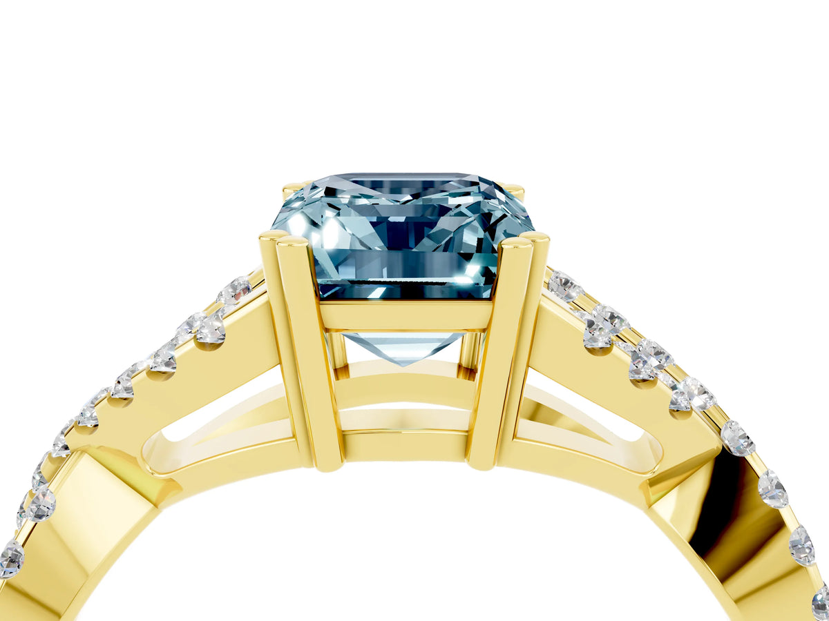 Emerald Cut Aquamarine Solitaire Ring in Yellow gold with Interwoven Pavé Band and Prong Setting_4