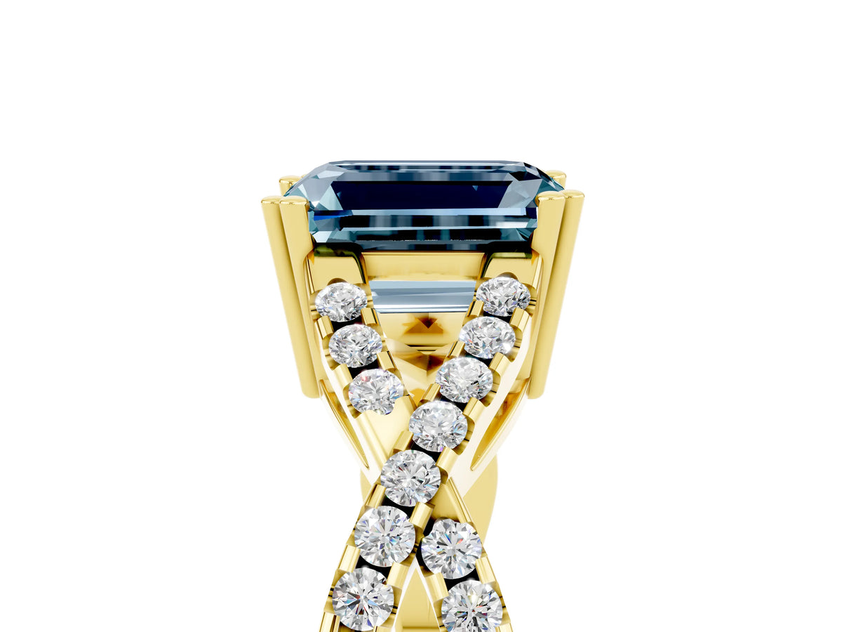 Emerald Cut Aquamarine Solitaire Ring in Yellow gold with Interwoven Pavé Band and Prong Setting_5