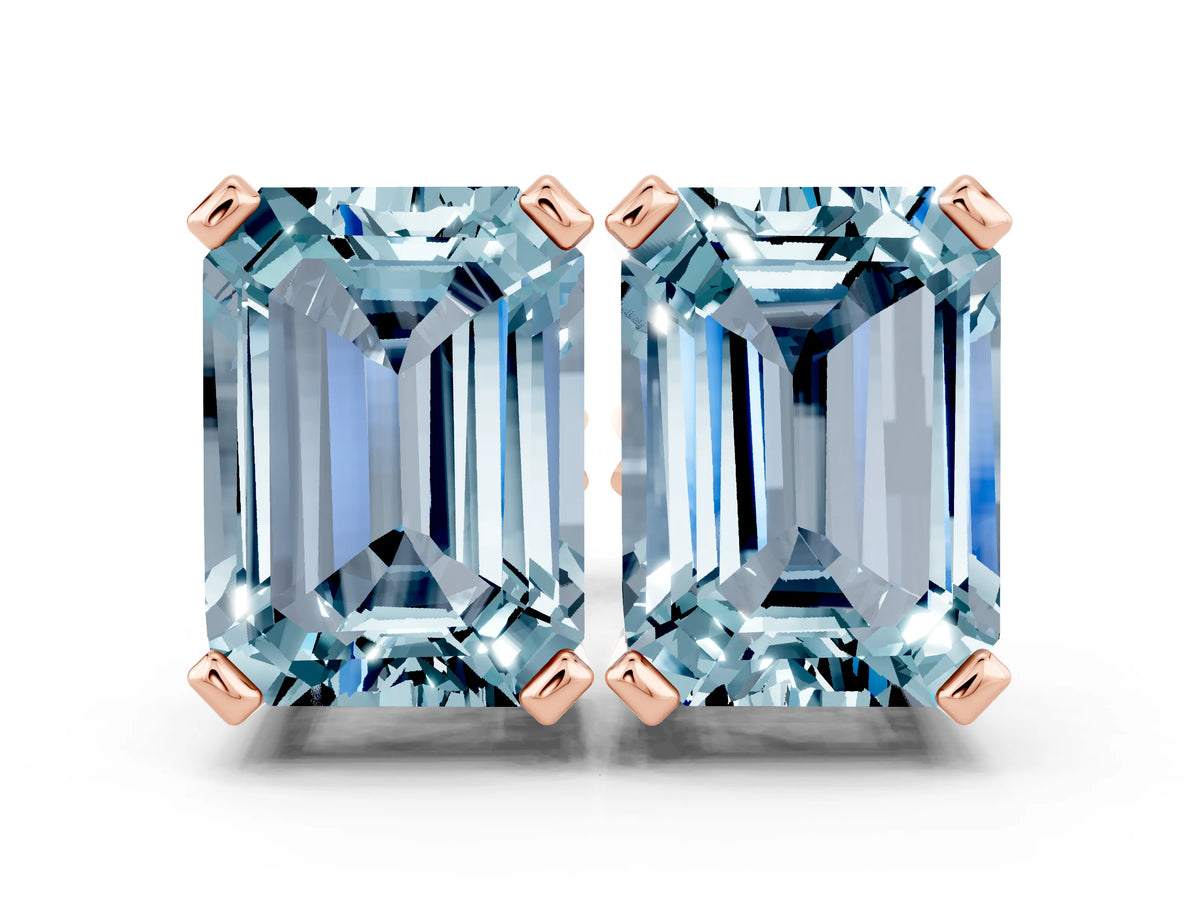 Emerald Cut Aquamarine Stud Earrings in Rose gold with Basket Setting