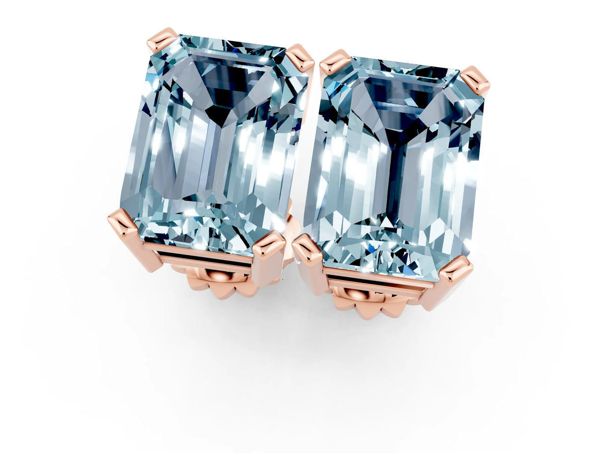 Emerald Cut Aquamarine Stud Earrings in Rose gold with Basket Setting_1
