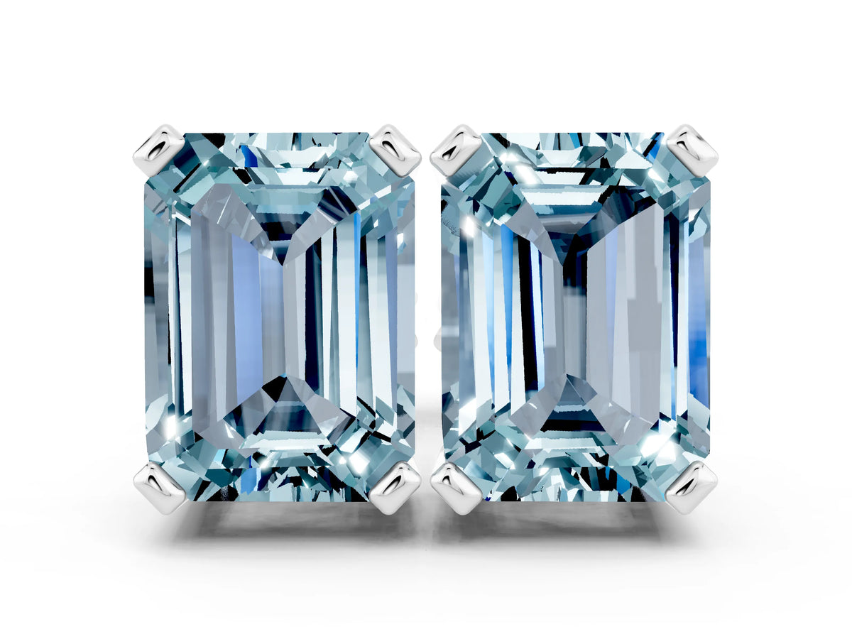 Emerald Cut Aquamarine Stud Earrings in White gold with Basket Setting