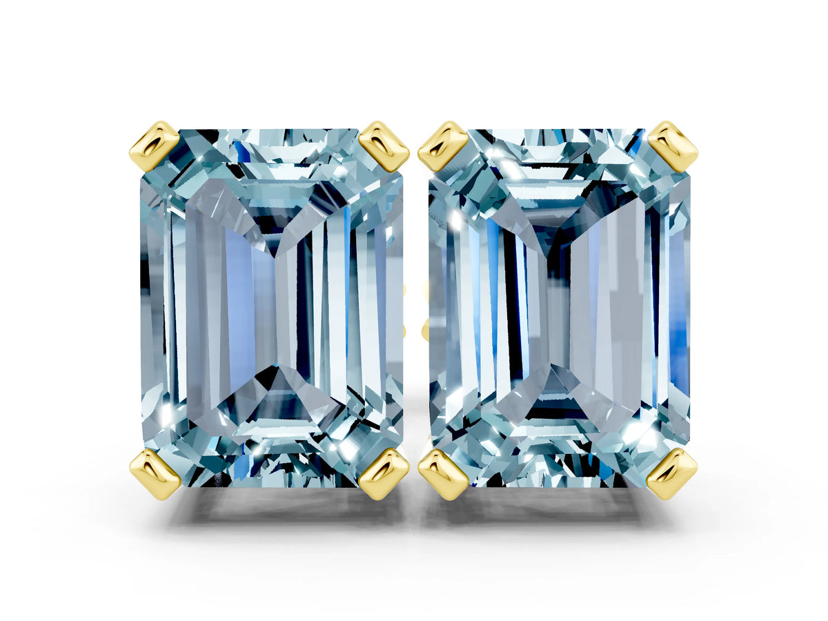 Emerald Cut Aquamarine Stud Earrings in Yellow gold with Basket Setting