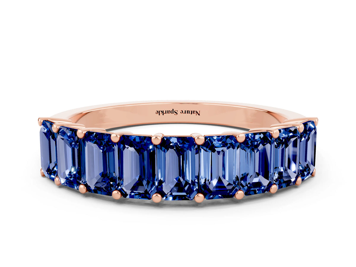 Emerald Cut Blue Sapphire Eternity Band in Rose gold with Prong Setting