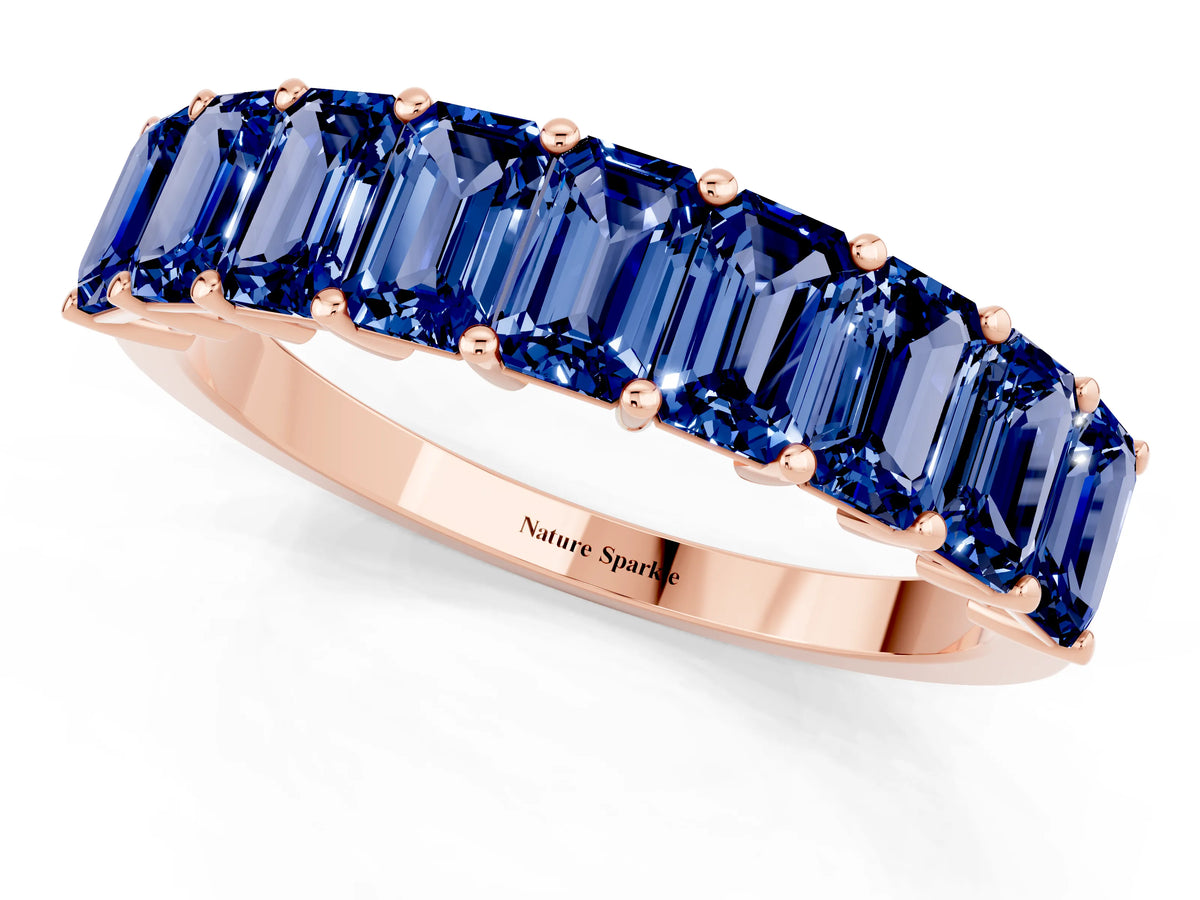 Emerald Cut Blue Sapphire Eternity Band in Rose gold with Prong Setting_1