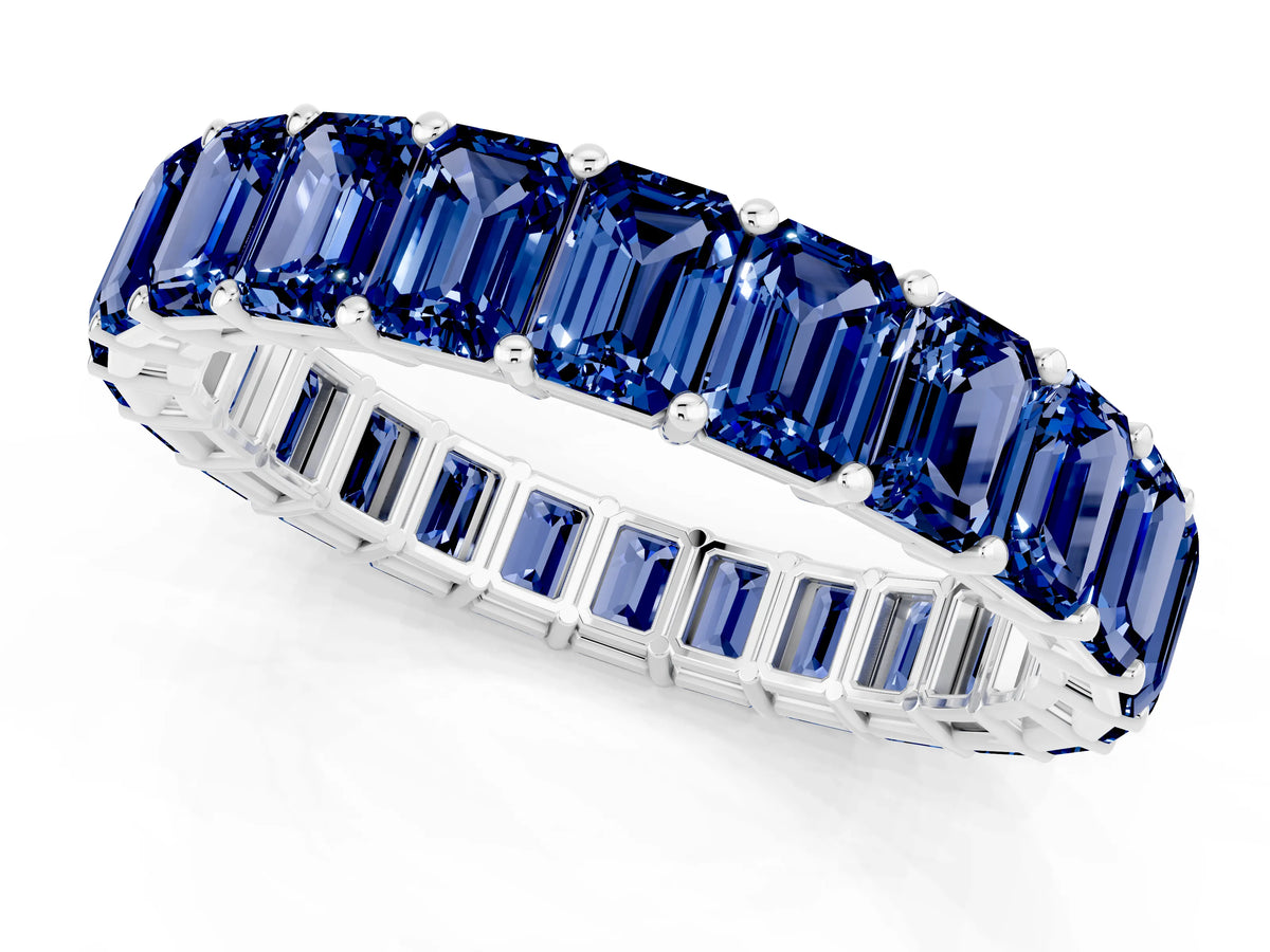 Emerald Cut Blue Sapphire Eternity Band in White gold with Aligned Shared Prong Setting_1
