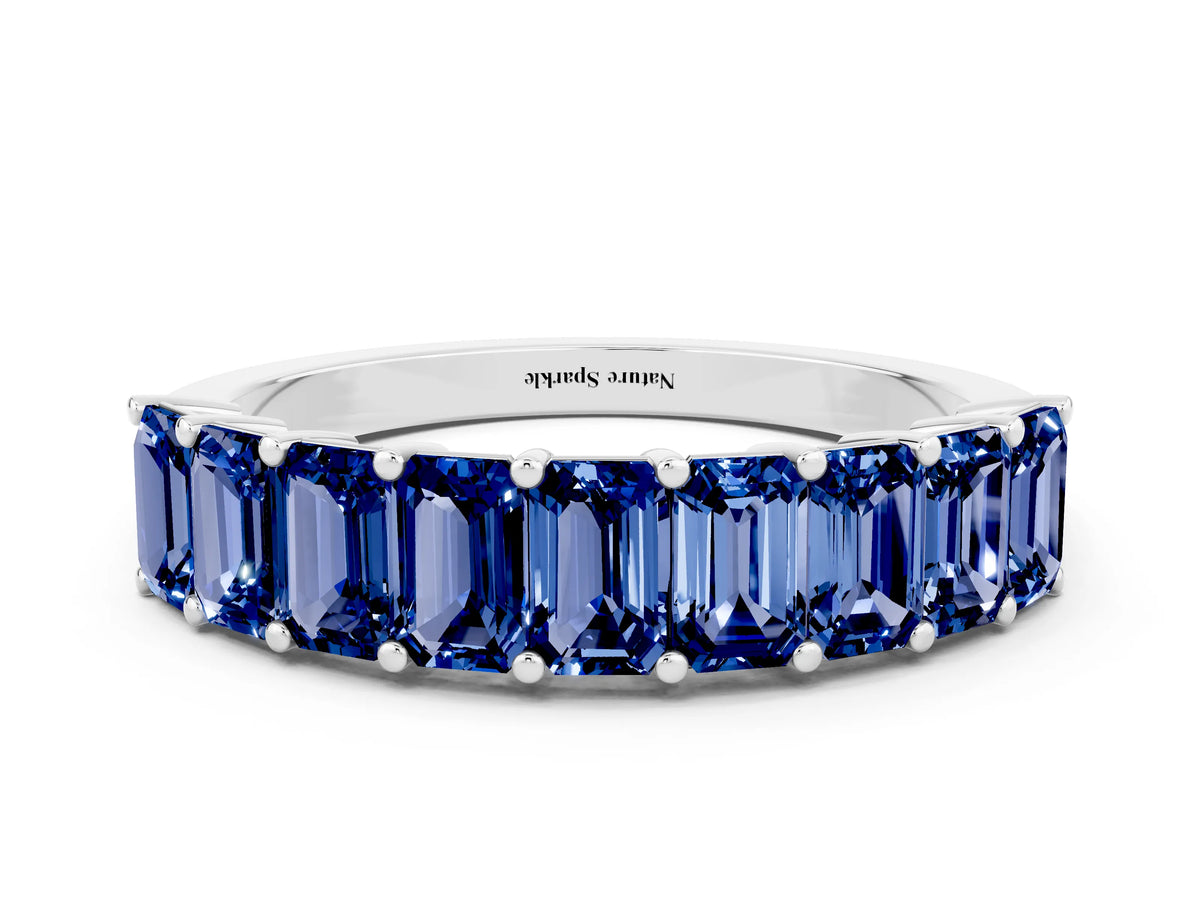 Emerald Cut Blue Sapphire Eternity Band in White gold with Prong Setting