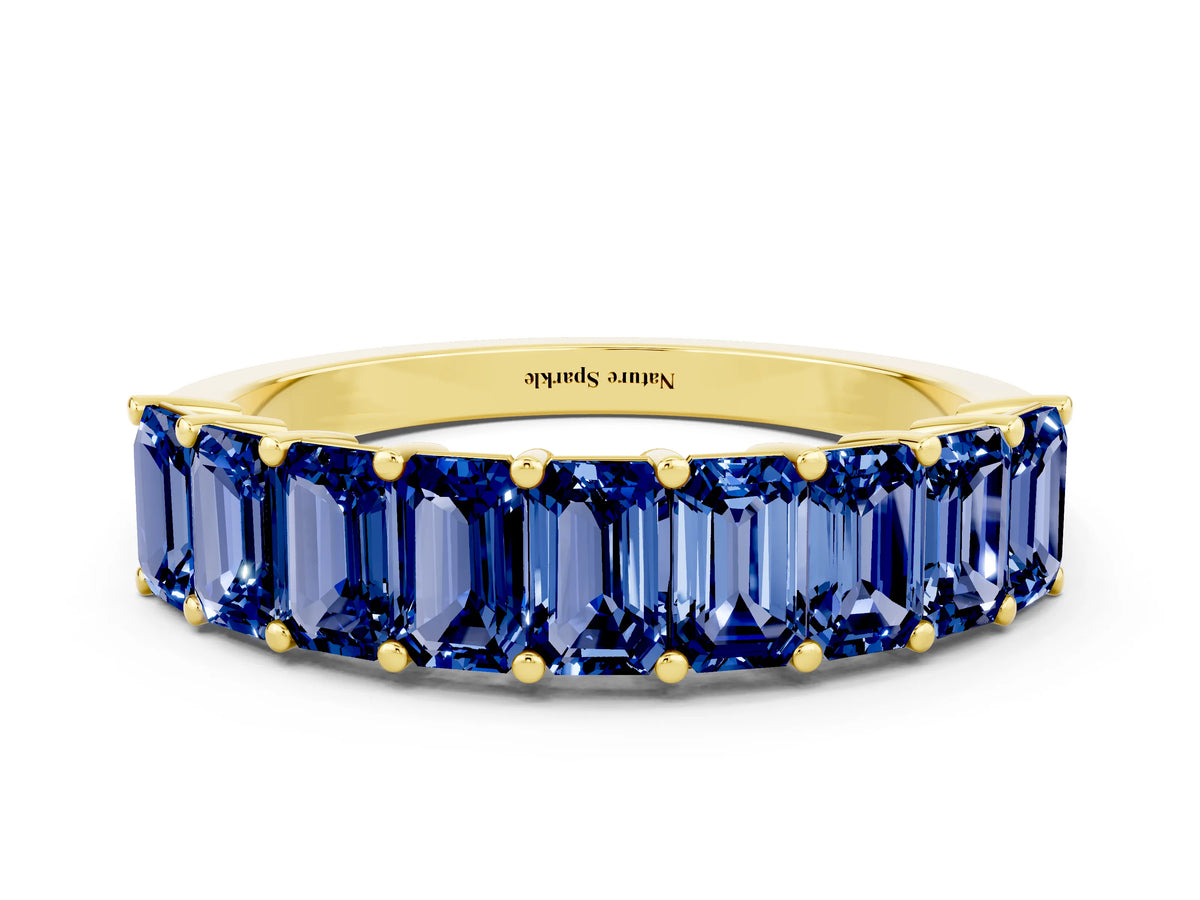 Emerald Cut Blue Sapphire Eternity Band in Yellow gold with Prong Setting