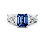 Emerald Cut Blue Sapphire Solitaire Ring in Platinum with Interwoven Pavé Band and Prong Setting_6