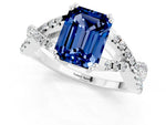 Emerald Cut Blue Sapphire Solitaire Ring in White gold with Interwoven Pavé Band and Prong Setting_1
