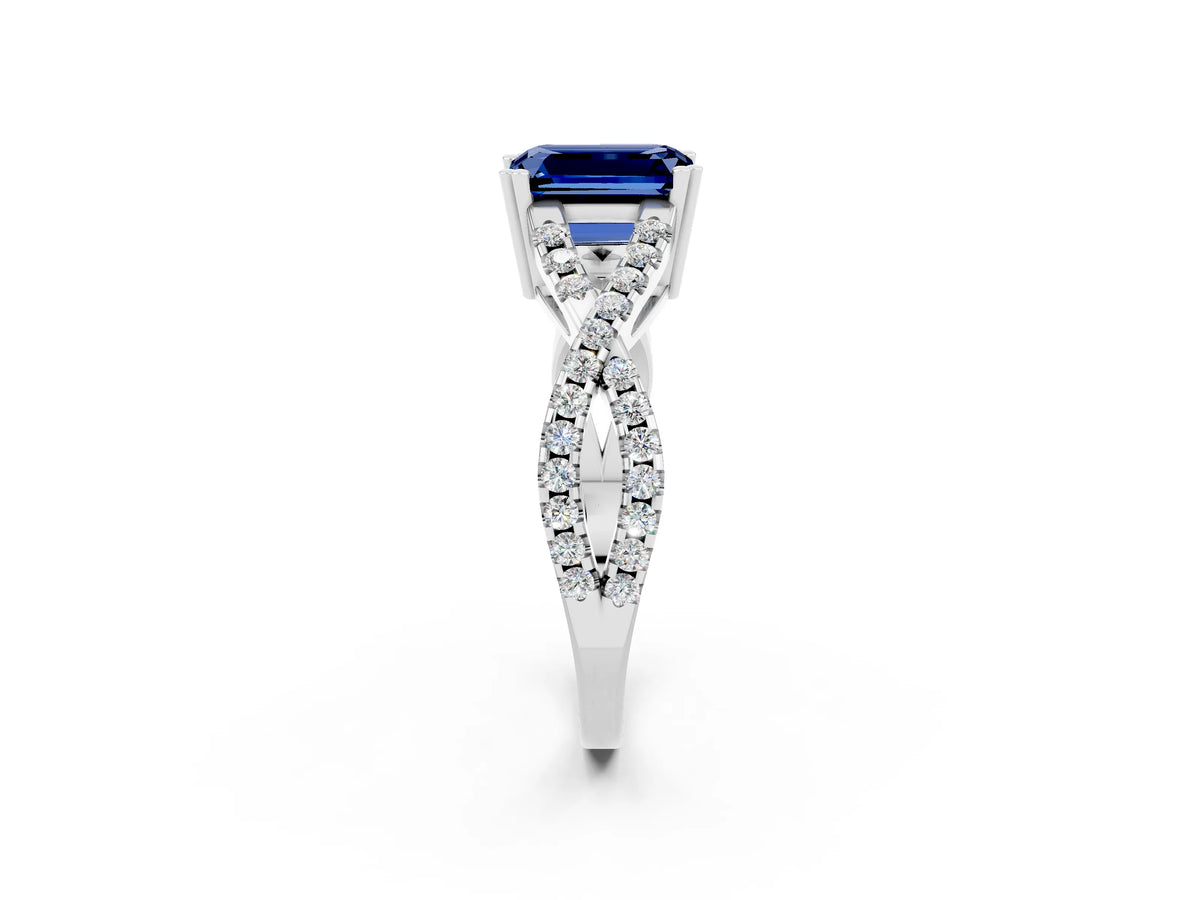 Emerald Cut Blue Sapphire Solitaire Ring in White gold with Interwoven Pavé Band and Prong Setting_2