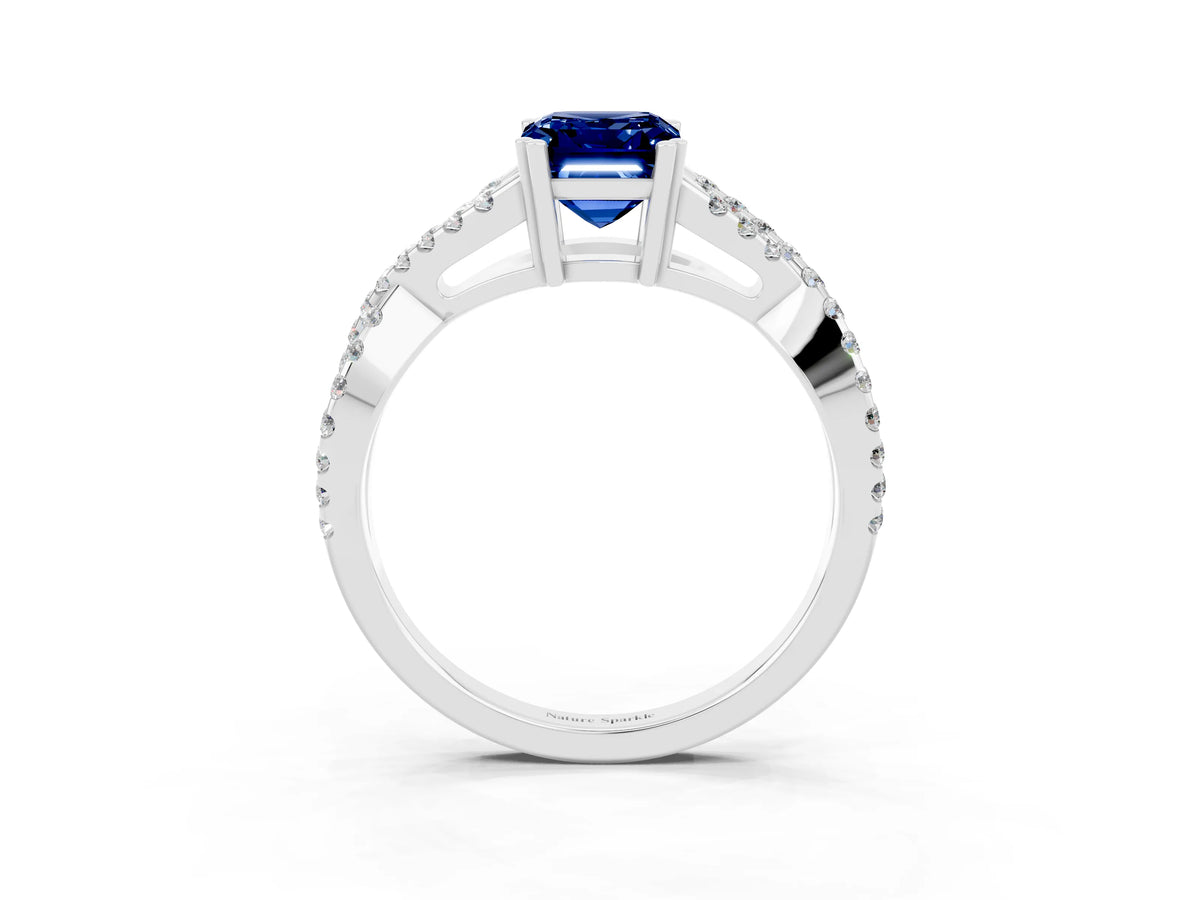 Emerald Cut Blue Sapphire Solitaire Ring in White gold with Interwoven Pavé Band and Prong Setting_3