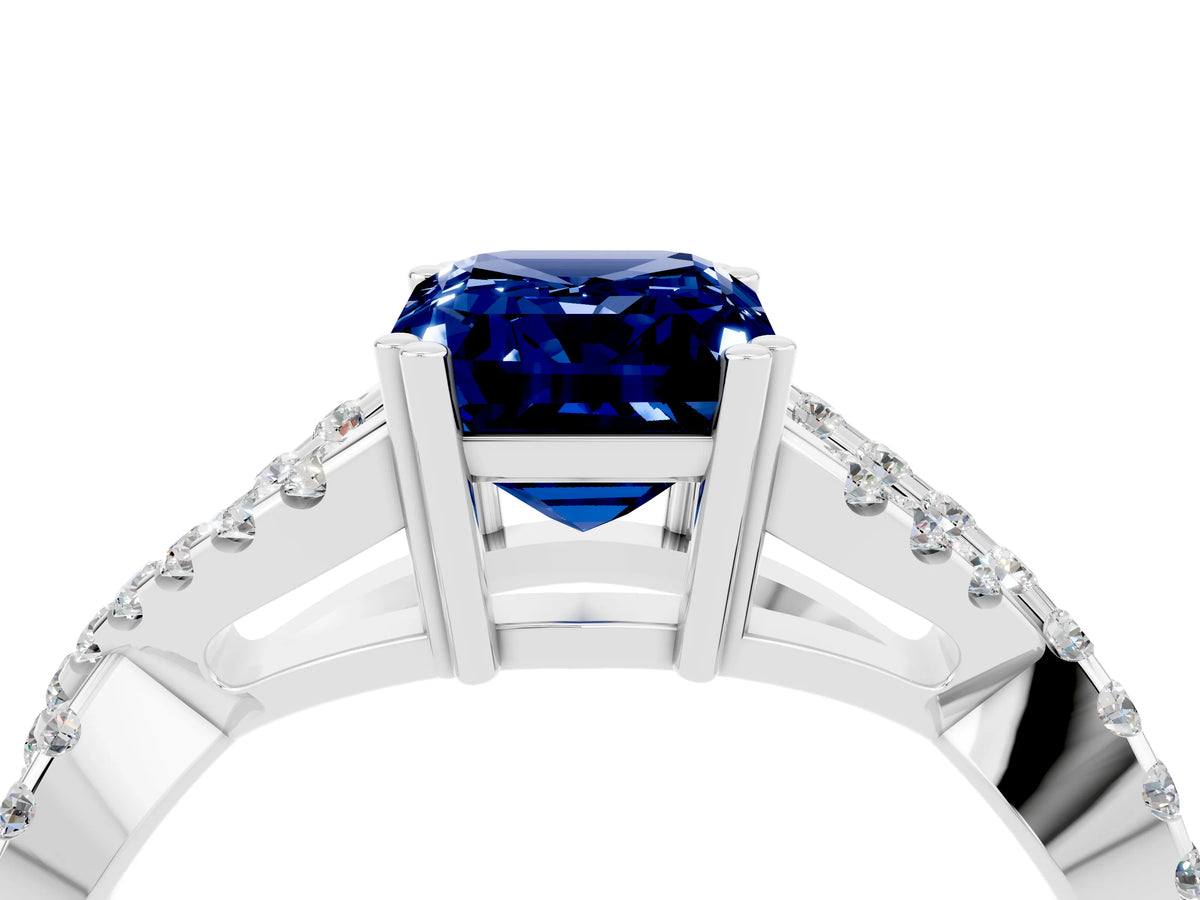Emerald Cut Blue Sapphire Solitaire Ring in White gold with Interwoven Pavé Band and Prong Setting_4