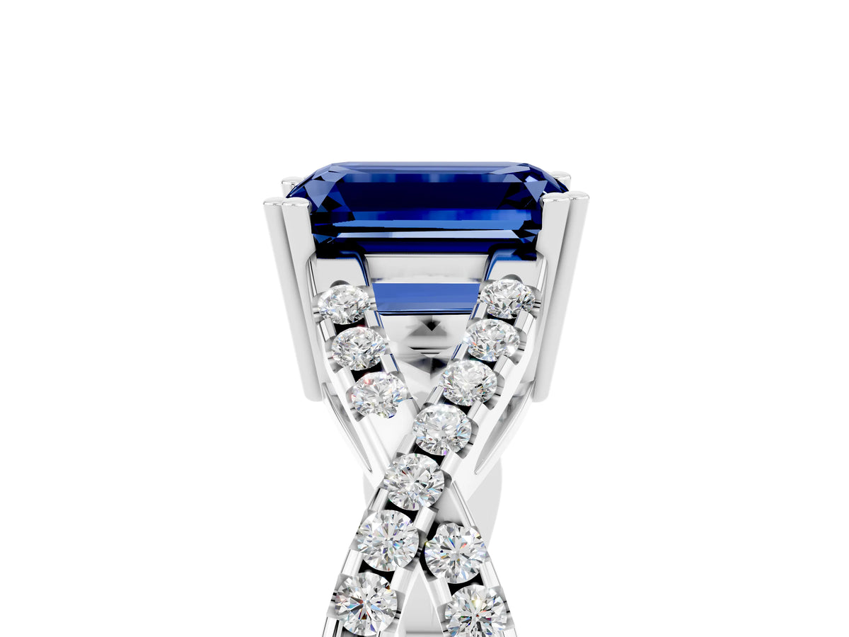 Emerald Cut Blue Sapphire Solitaire Ring in White gold with Interwoven Pavé Band and Prong Setting_5