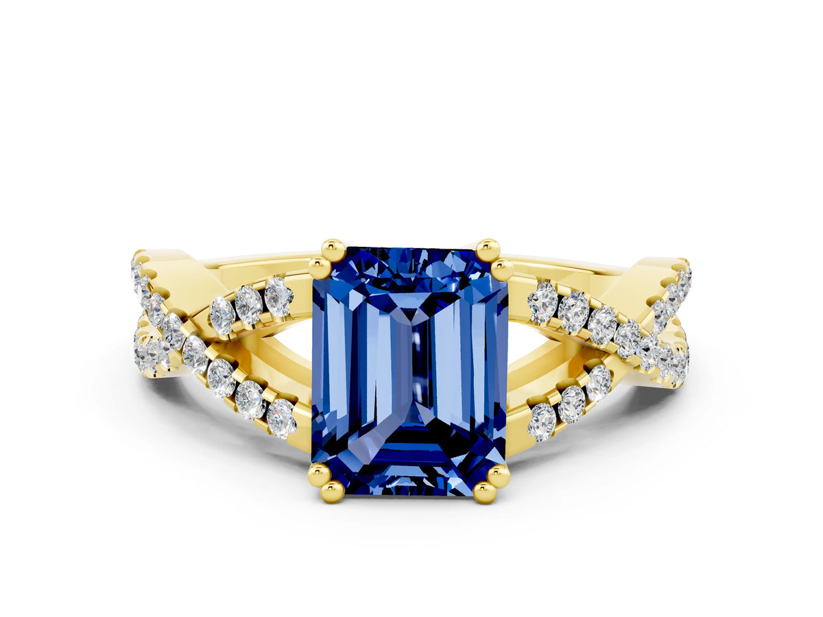 Emerald Cut Blue Sapphire Solitaire Ring in Yellow gold with Interwoven Pavé Band and Prong Setting