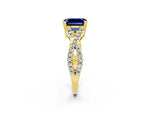 Emerald Cut Blue Sapphire Solitaire Ring in Yellow gold with Interwoven Pavé Band and Prong Setting_2