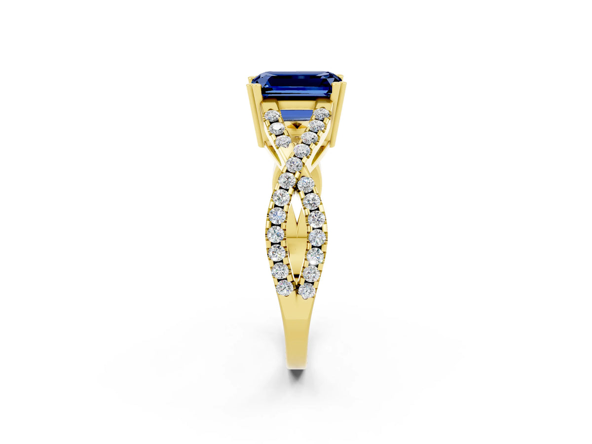 Emerald Cut Blue Sapphire Solitaire Ring in Yellow gold with Interwoven Pavé Band and Prong Setting_2