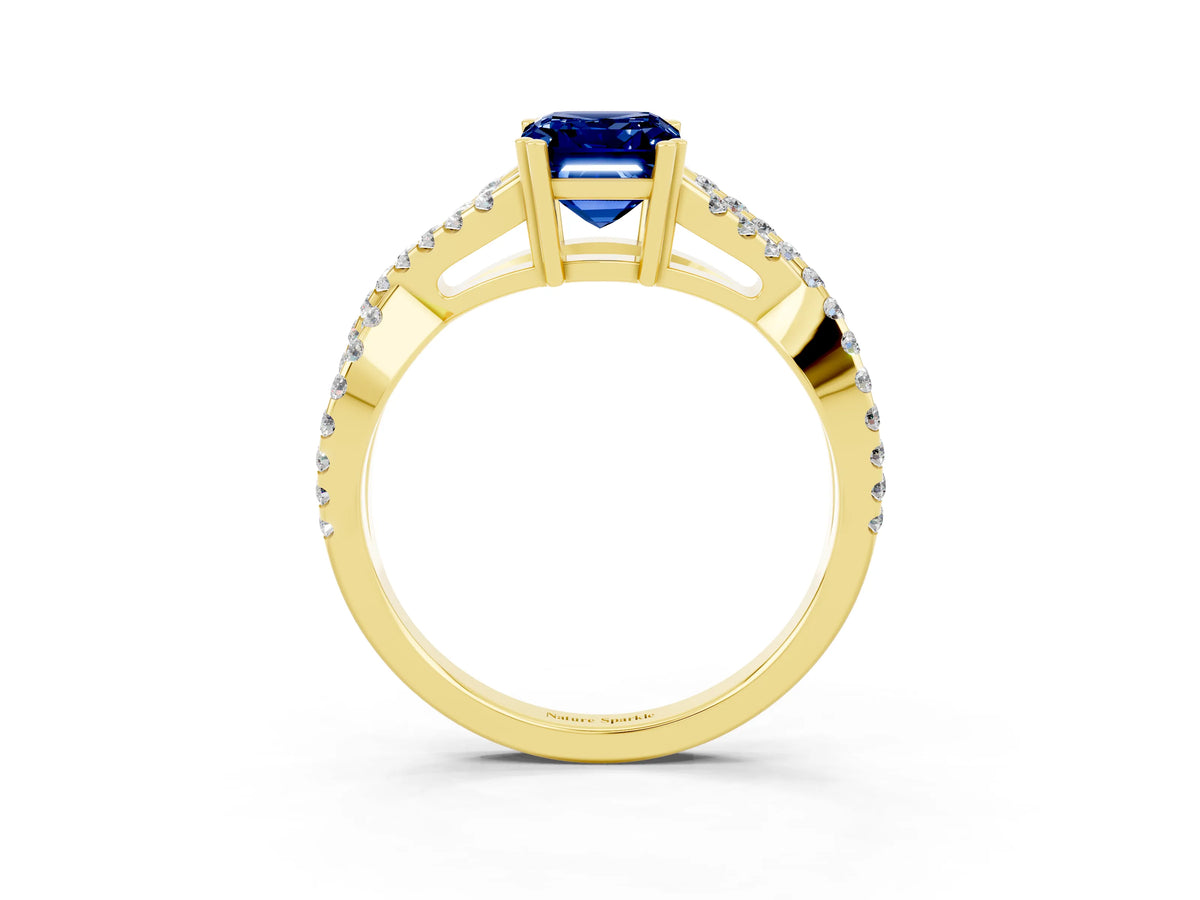 Emerald Cut Blue Sapphire Solitaire Ring in Yellow gold with Interwoven Pavé Band and Prong Setting_3