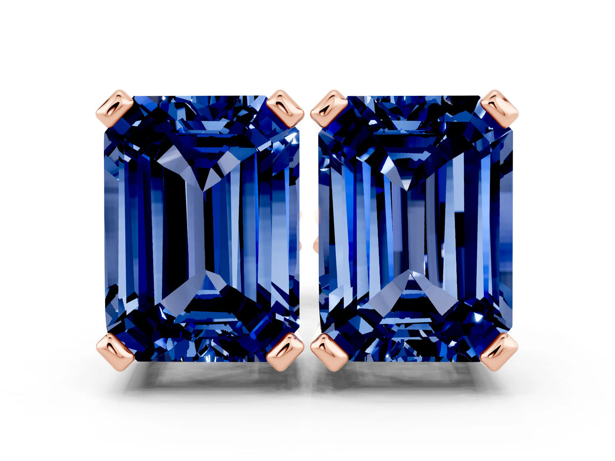 Emerald Cut Blue Sapphire Stud Earrings in Rose gold with Basket Setting