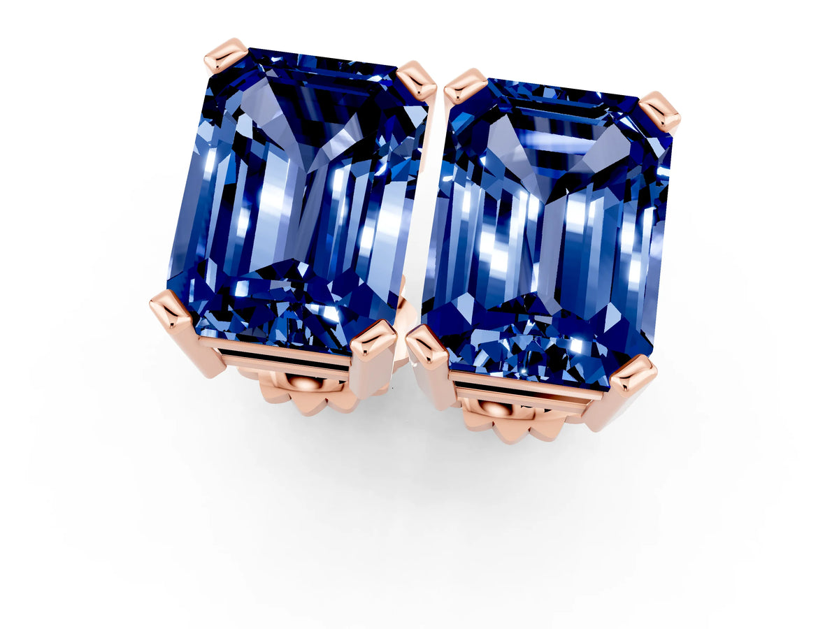 Emerald Cut Blue Sapphire Stud Earrings in Rose gold with Basket Setting_1