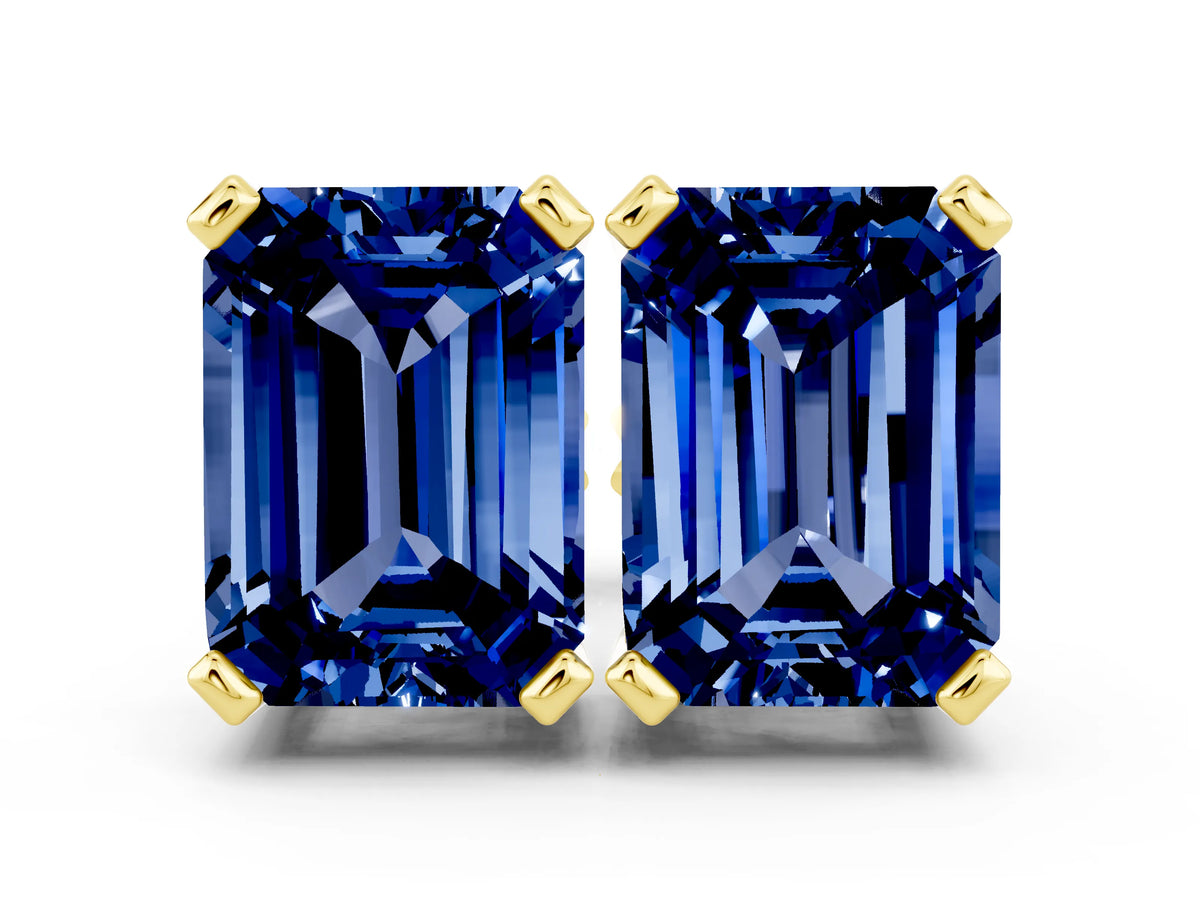 Emerald Cut Blue Sapphire Stud Earrings in Yellow gold with Basket Setting