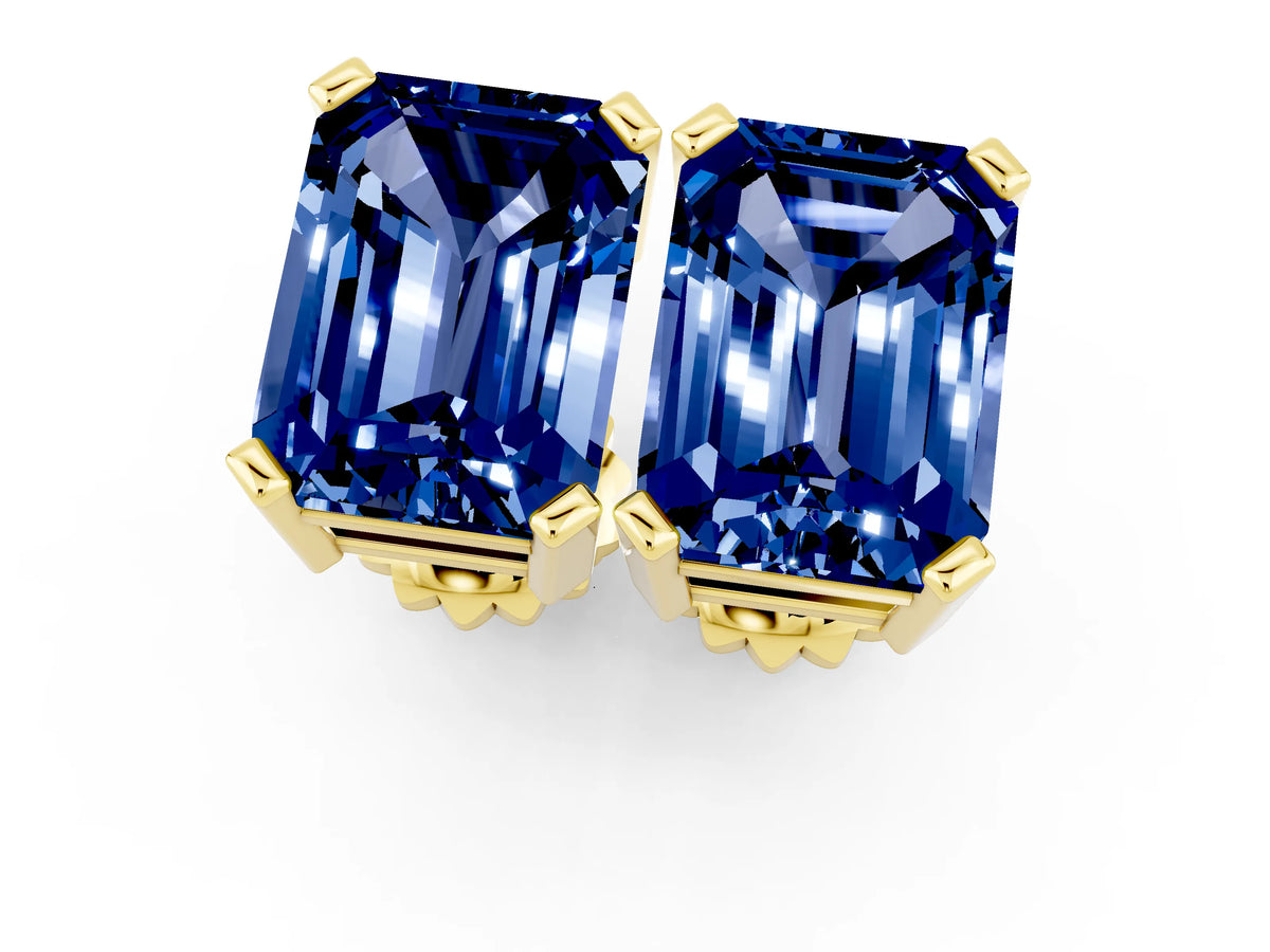 Emerald Cut Blue Sapphire Stud Earrings in Yellow gold with Basket Setting_1