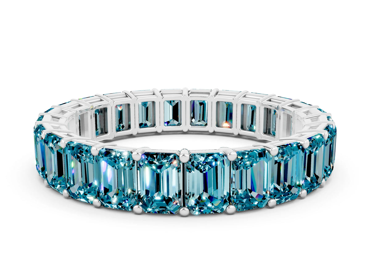Emerald Cut Blue Topaz Eternity Band in Platinum with Aligned Shared Prong Setting