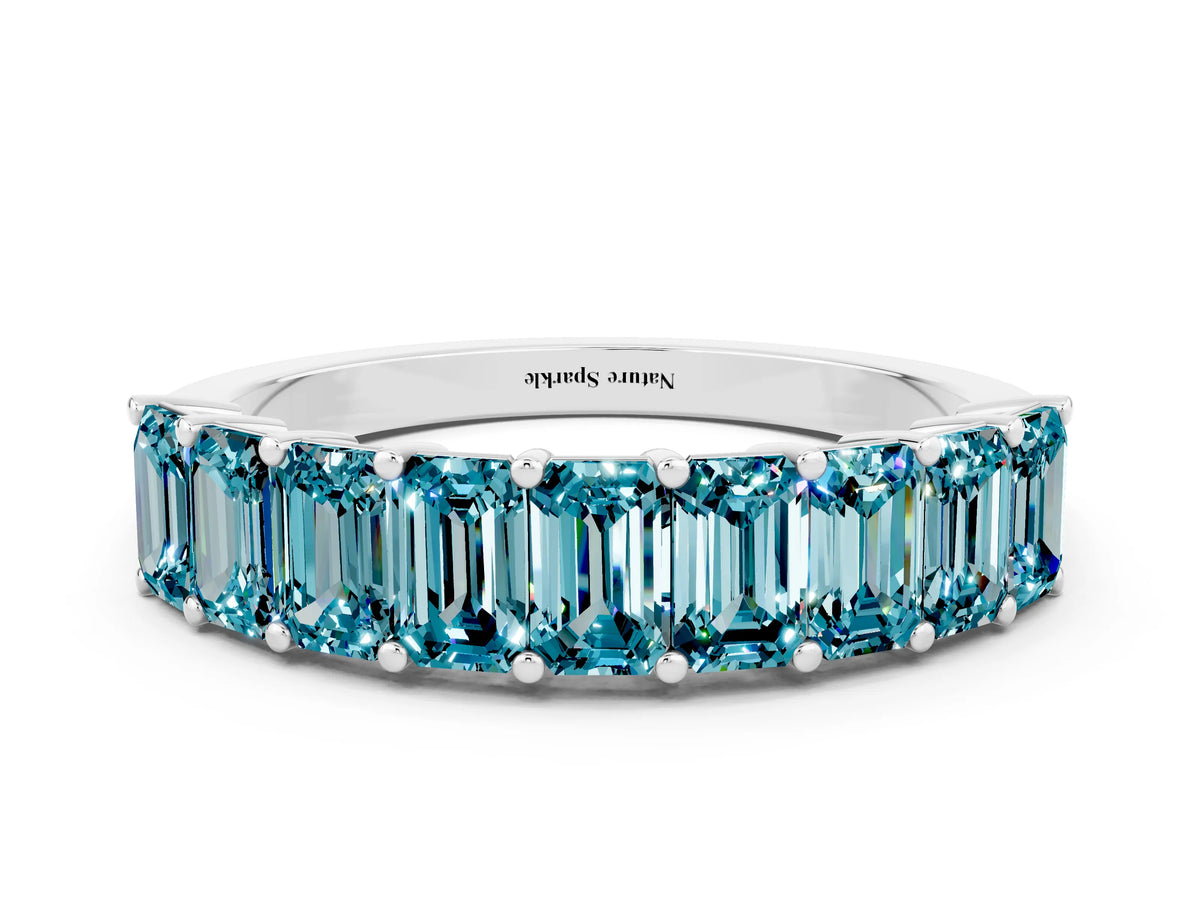 Emerald Cut Blue Topaz Eternity Band in Platinum with Prong Setting