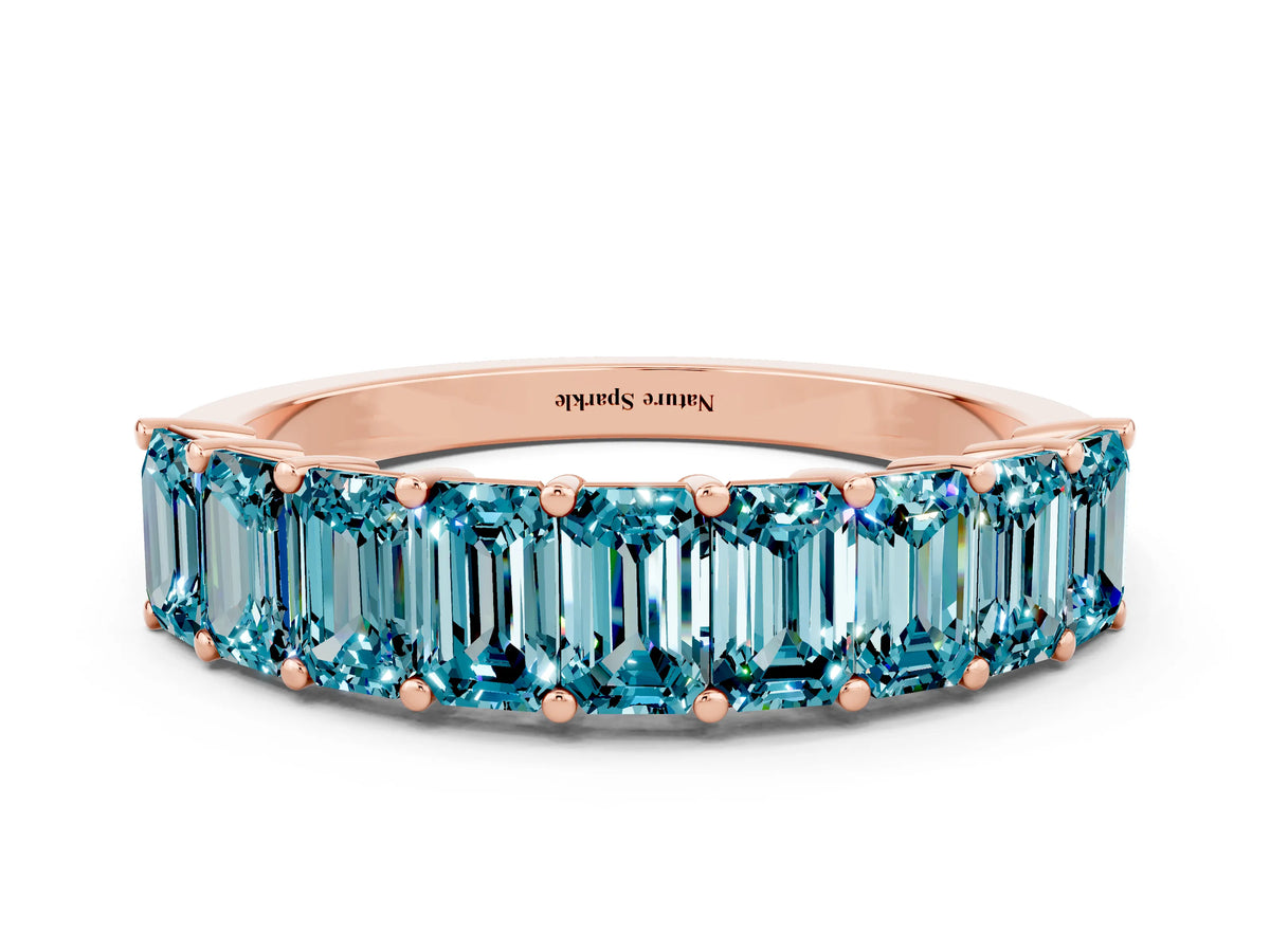 Emerald Cut Blue Topaz Eternity Band in Rose gold with Prong Setting