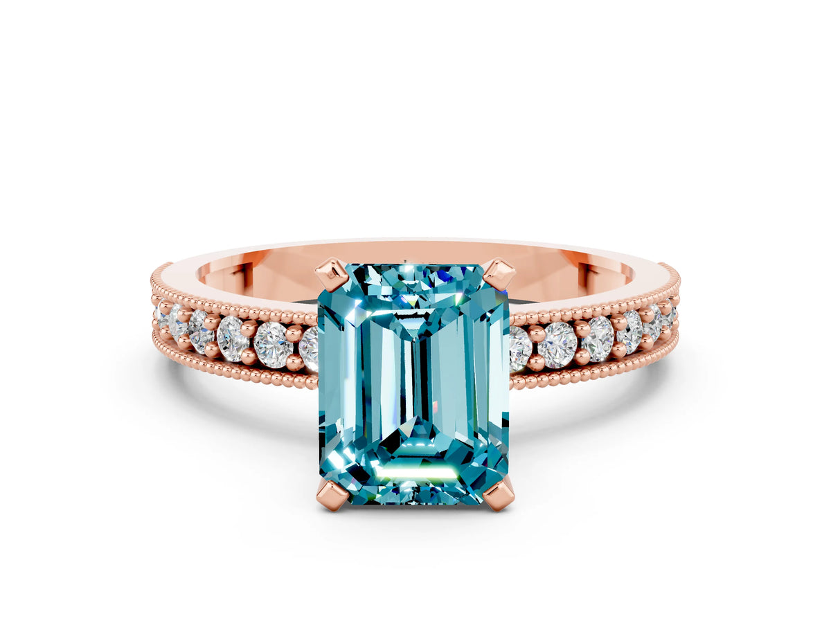 Emerald Cut Blue Topaz Milgrain Pavé Engagement Ring in Rose gold with Prong Setting