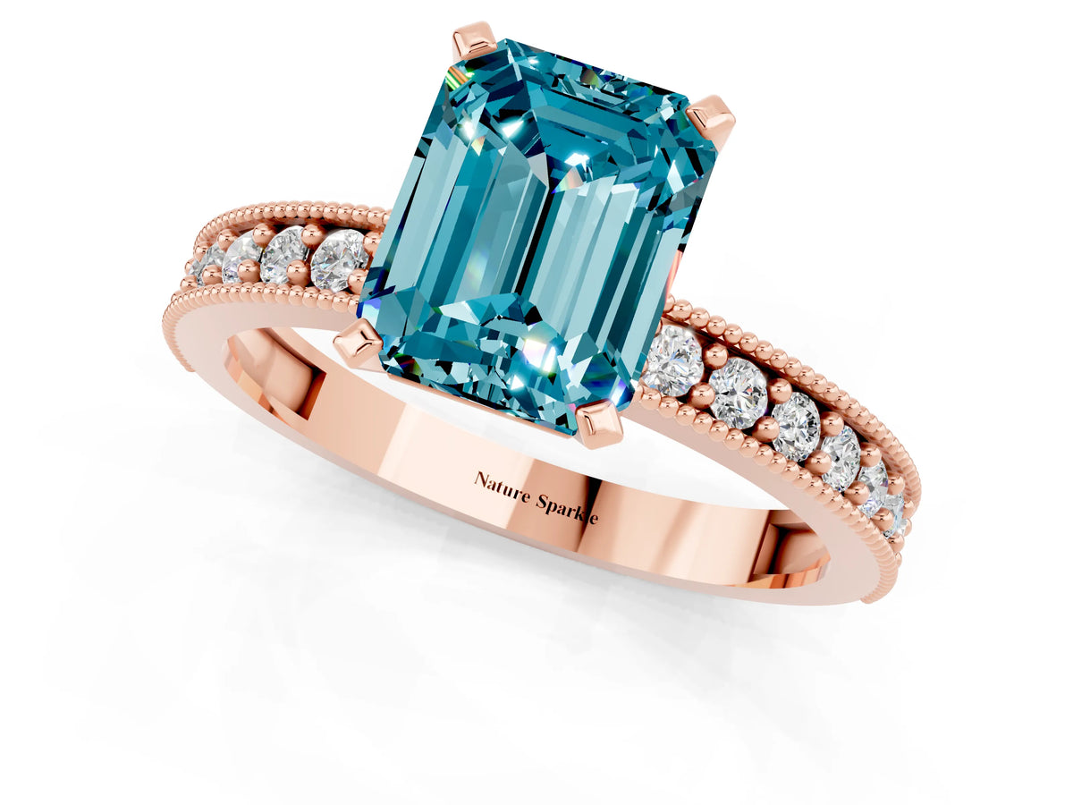 Emerald Cut Blue Topaz Milgrain Pavé Engagement Ring in Rose gold with Prong Setting_1