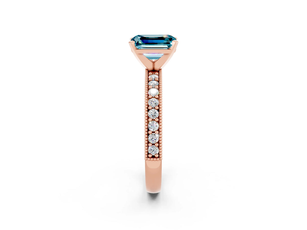Emerald Cut Blue Topaz Milgrain Pavé Engagement Ring in Rose gold with Prong Setting_2