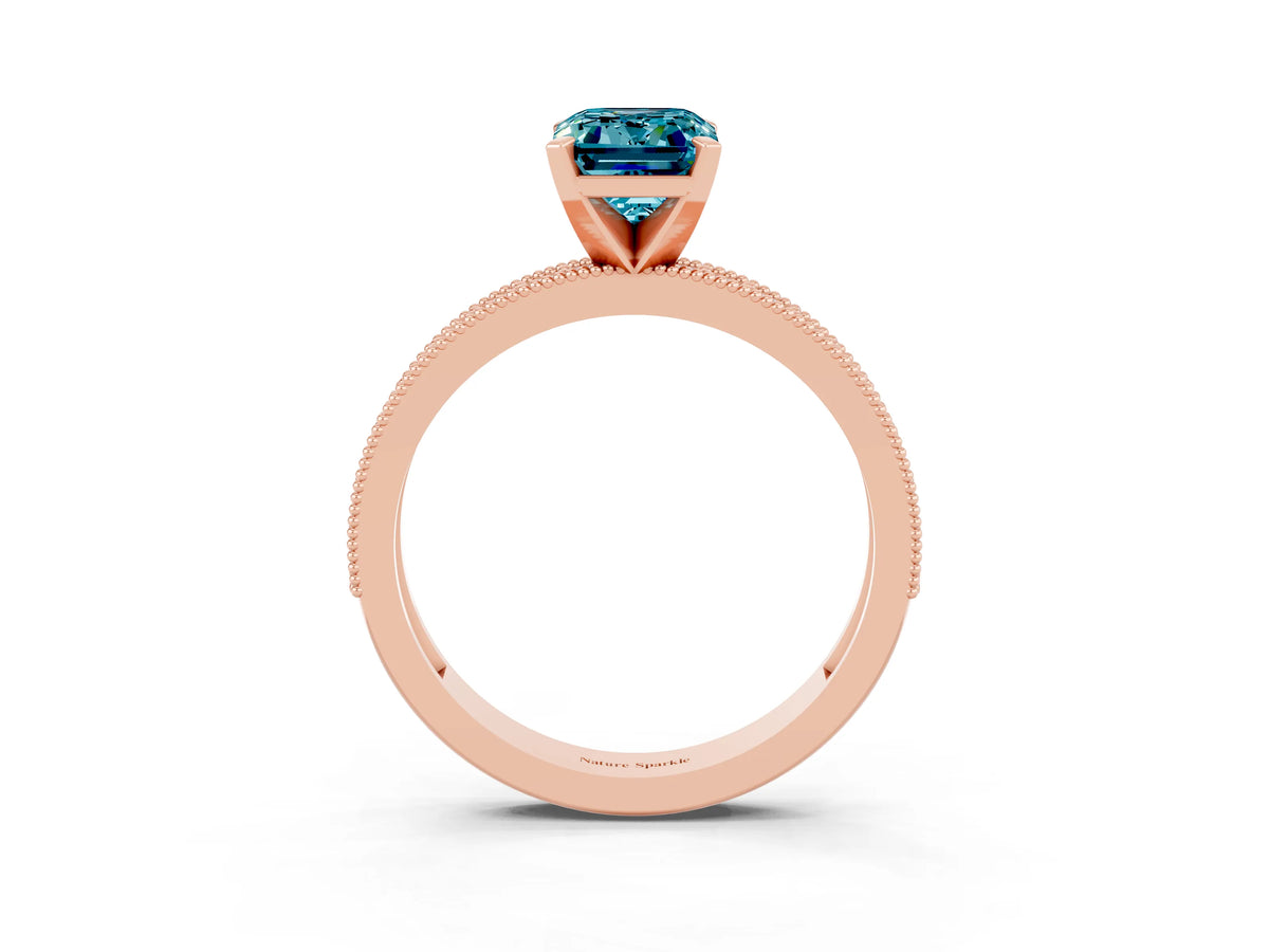 Emerald Cut Blue Topaz Milgrain Pavé Engagement Ring in Rose gold with Prong Setting_3