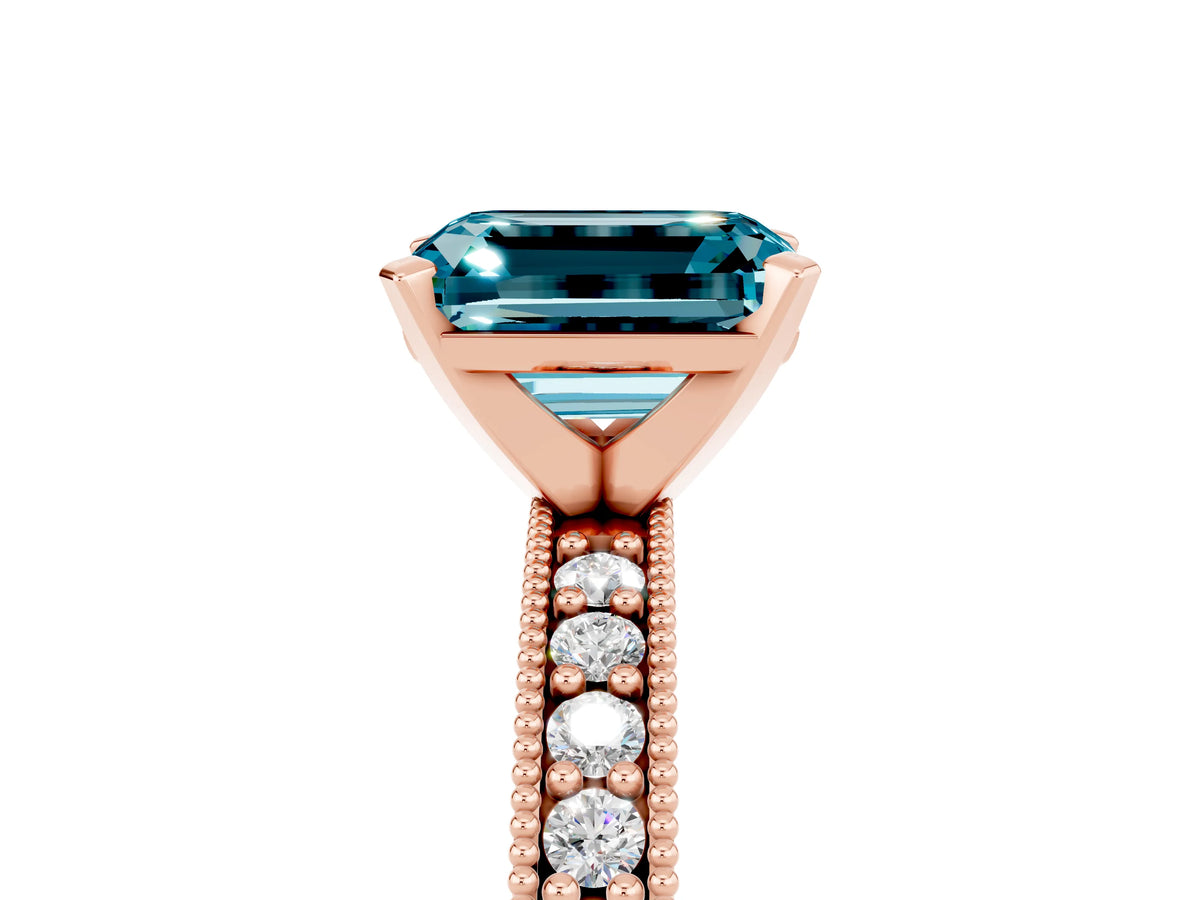 Emerald Cut Blue Topaz Milgrain Pavé Engagement Ring in Rose gold with Prong Setting_5