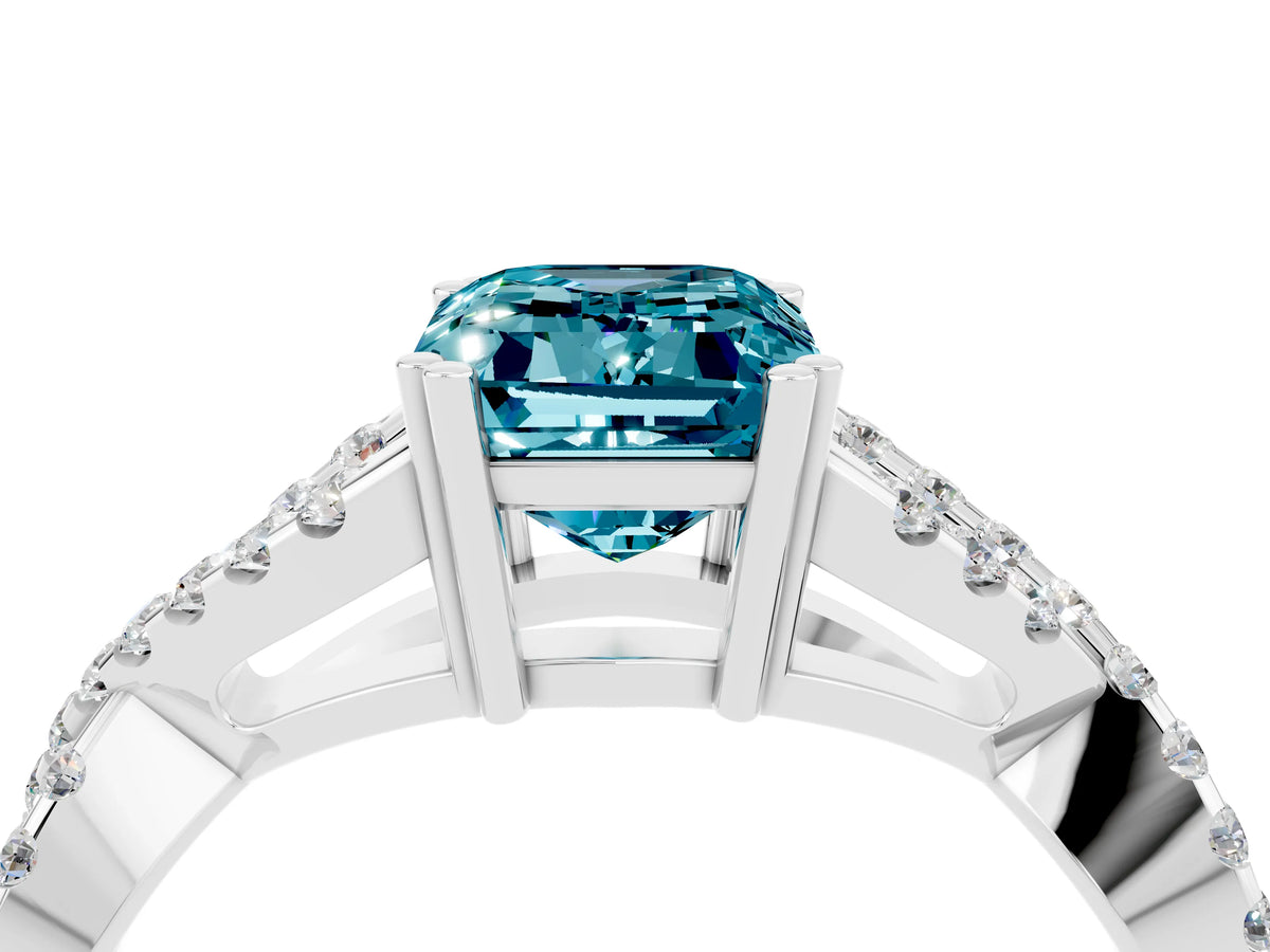 Emerald Cut Blue Topaz Solitaire Ring in Platinum with Interwoven Pavé Band and Prong Setting_10