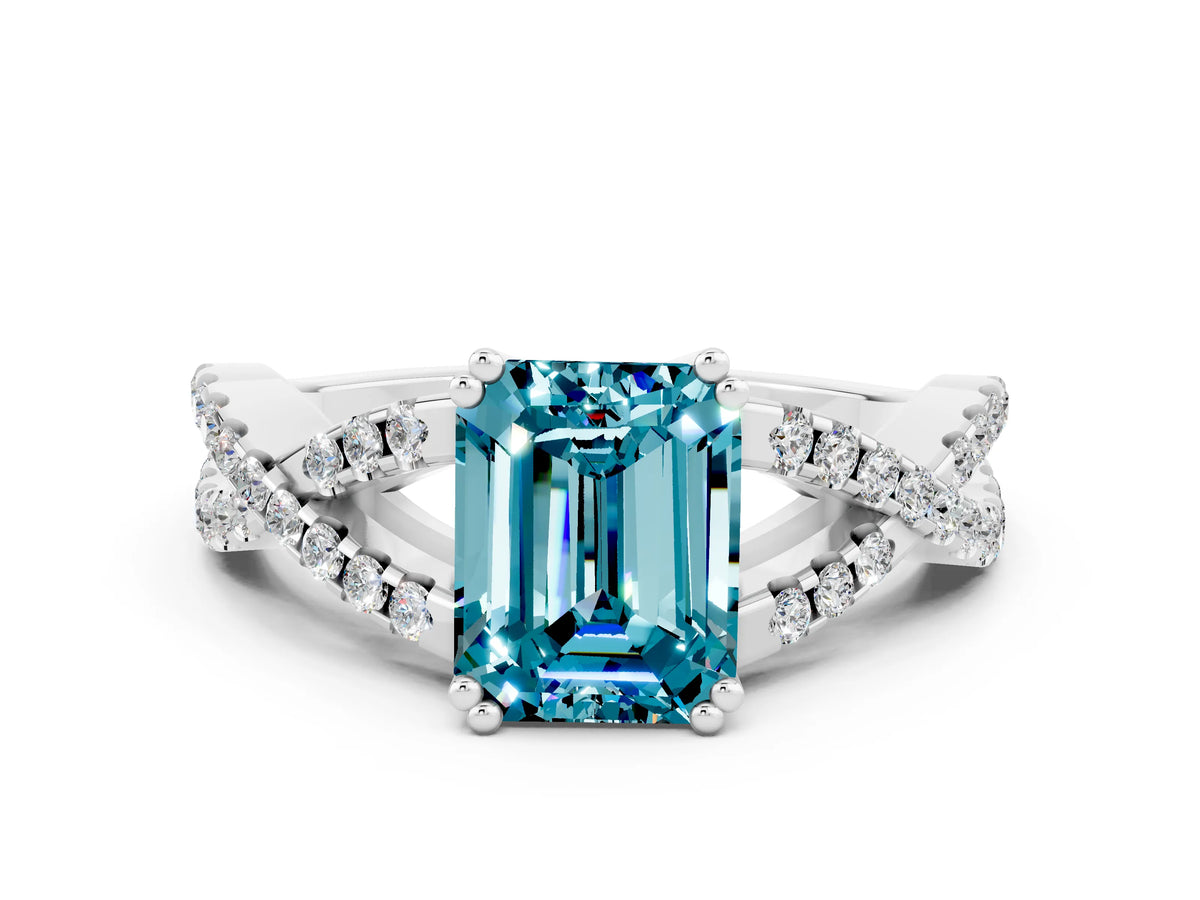Emerald Cut Blue Topaz Solitaire Ring in Platinum with Interwoven Pavé Band and Prong Setting_6