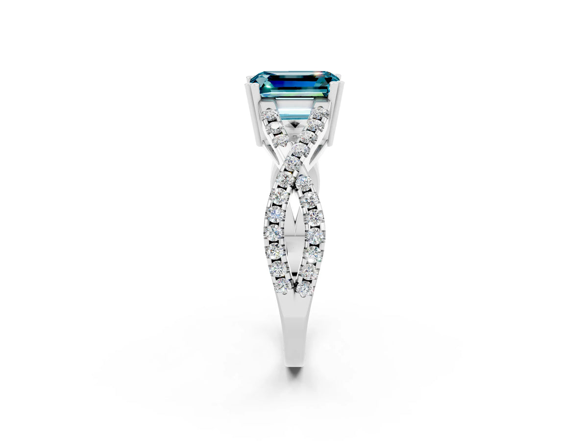 Emerald Cut Blue Topaz Solitaire Ring in Platinum with Interwoven Pavé Band and Prong Setting_8