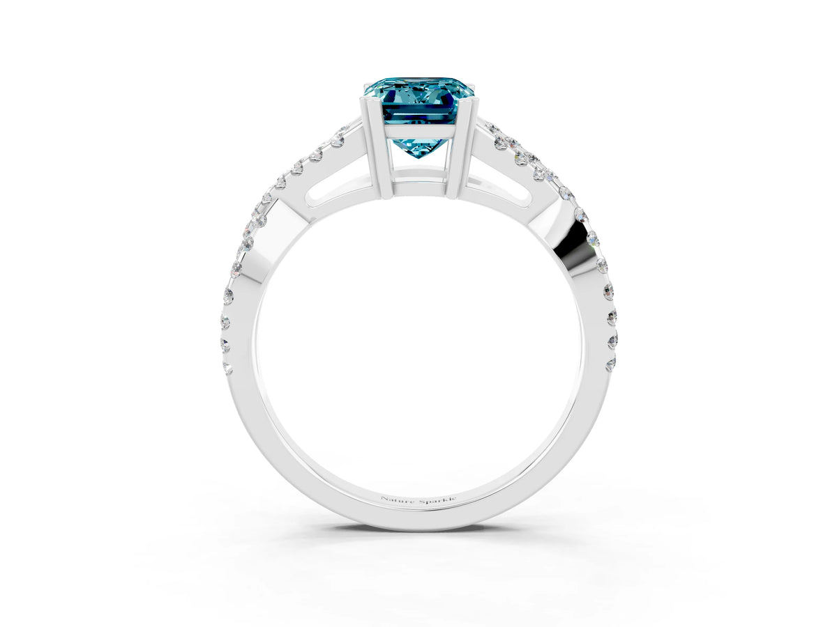 Emerald Cut Blue Topaz Solitaire Ring in White gold with Interwoven Pavé Band and Prong Setting_3